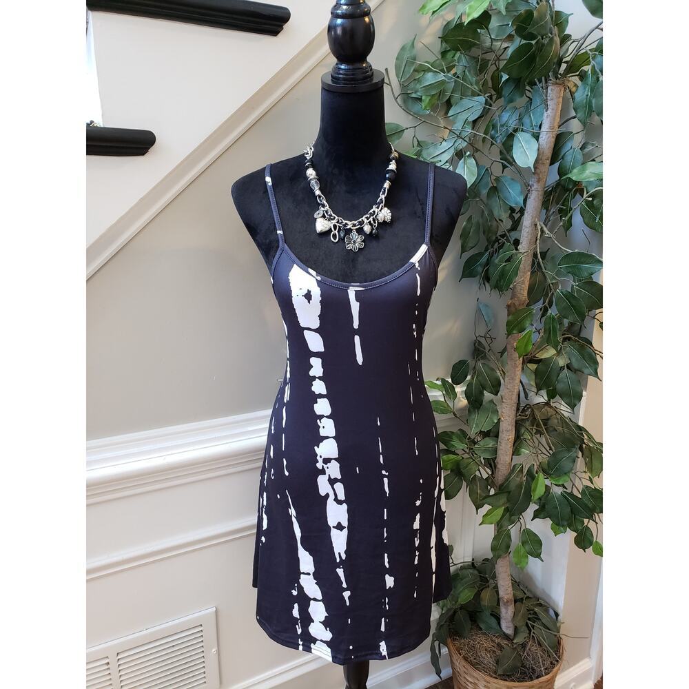 Women's Camisole Dress Medium Black Tie Dye Print Sleeveless Stretch Round Neck